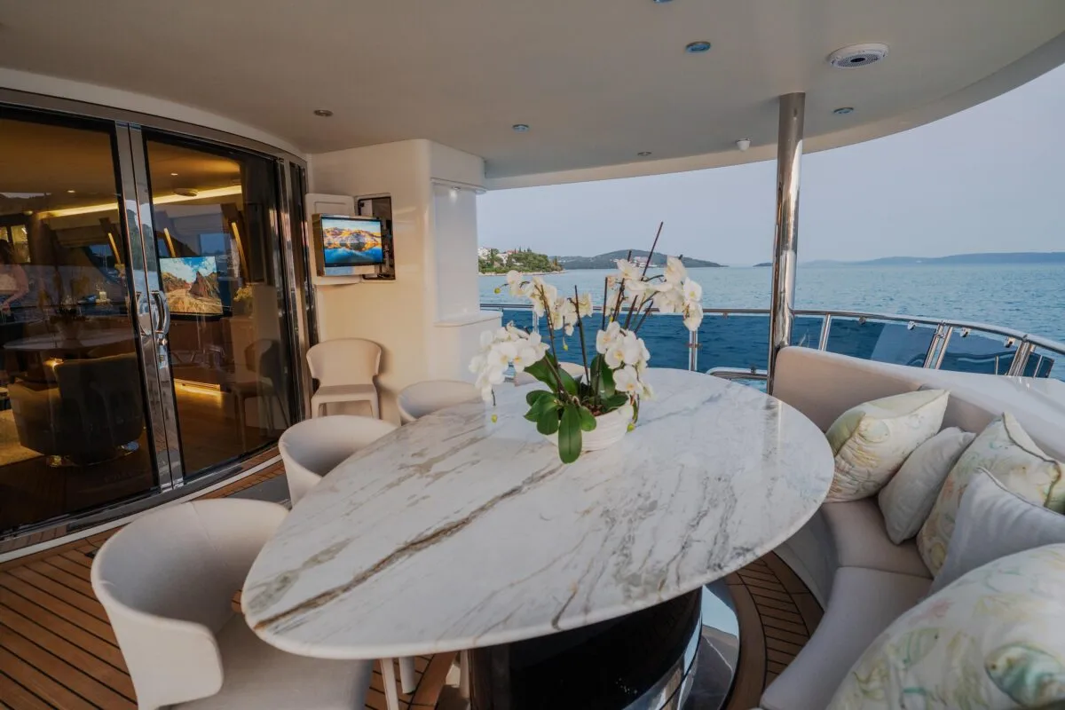 Deck of Dream, a Cyrus 34 motor yacht at Šibenik, Croatia