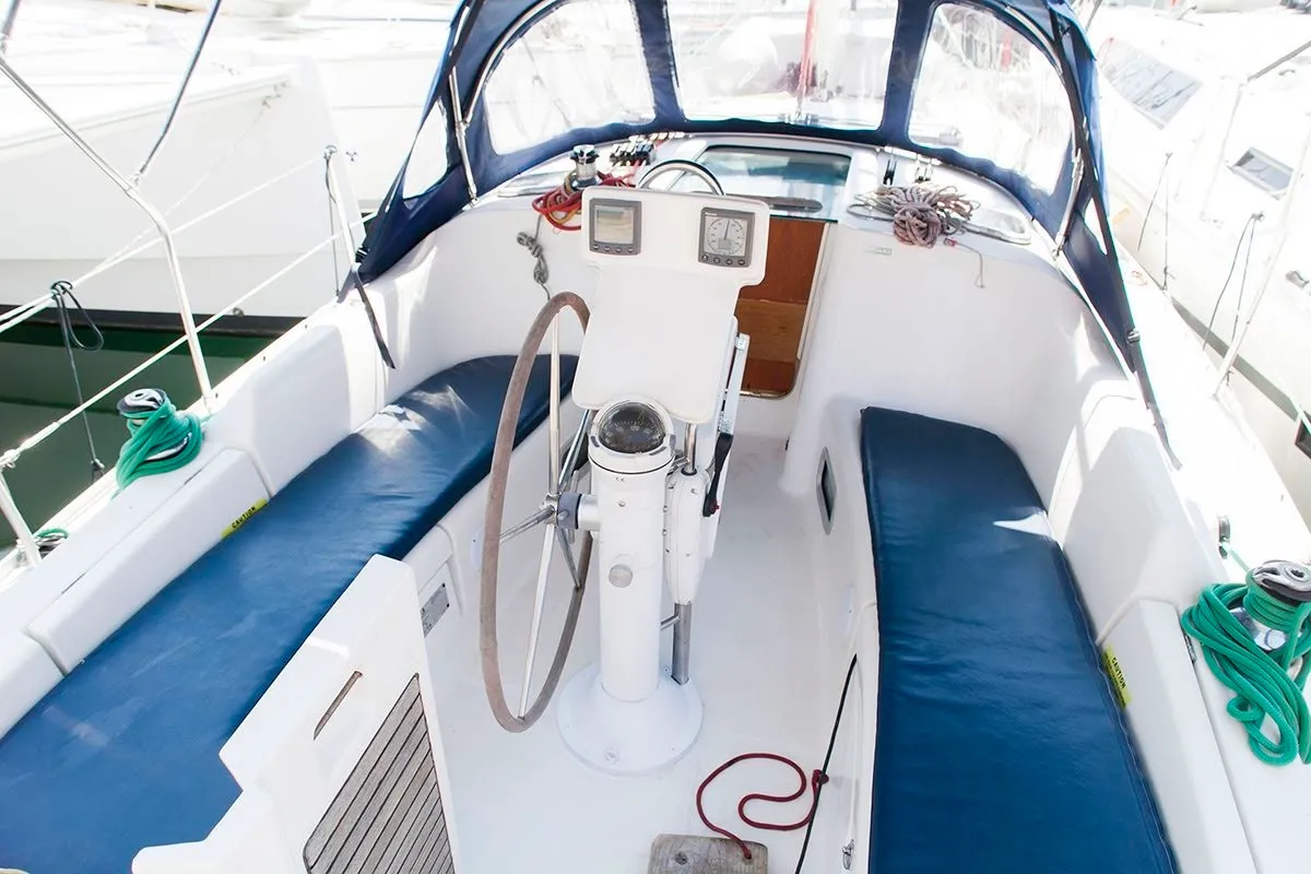 Cockpit of Ariadne, a Beneteau Oceanis Clipper 343 sailboat at Preveza, Greece