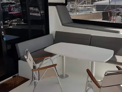 Deck of Miss Nastazia, a Lagoon 42 catamaran at Salamina, Greece