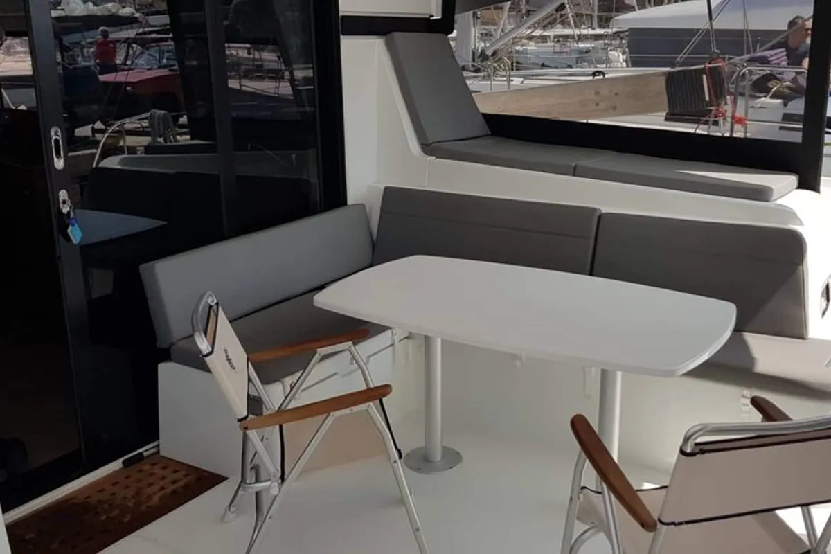 Deck of Miss Nastazia, a Lagoon 42 catamaran at Salamina, Greece