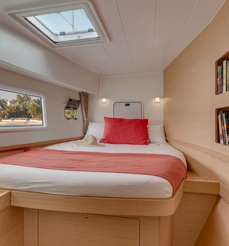 Cabin on Miss Nastazia, a Lagoon 42 catamaran at Salamina, Greece
