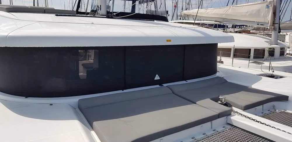 Deck of Miss Nastazia, a Lagoon 42 catamaran at Salamina, Greece