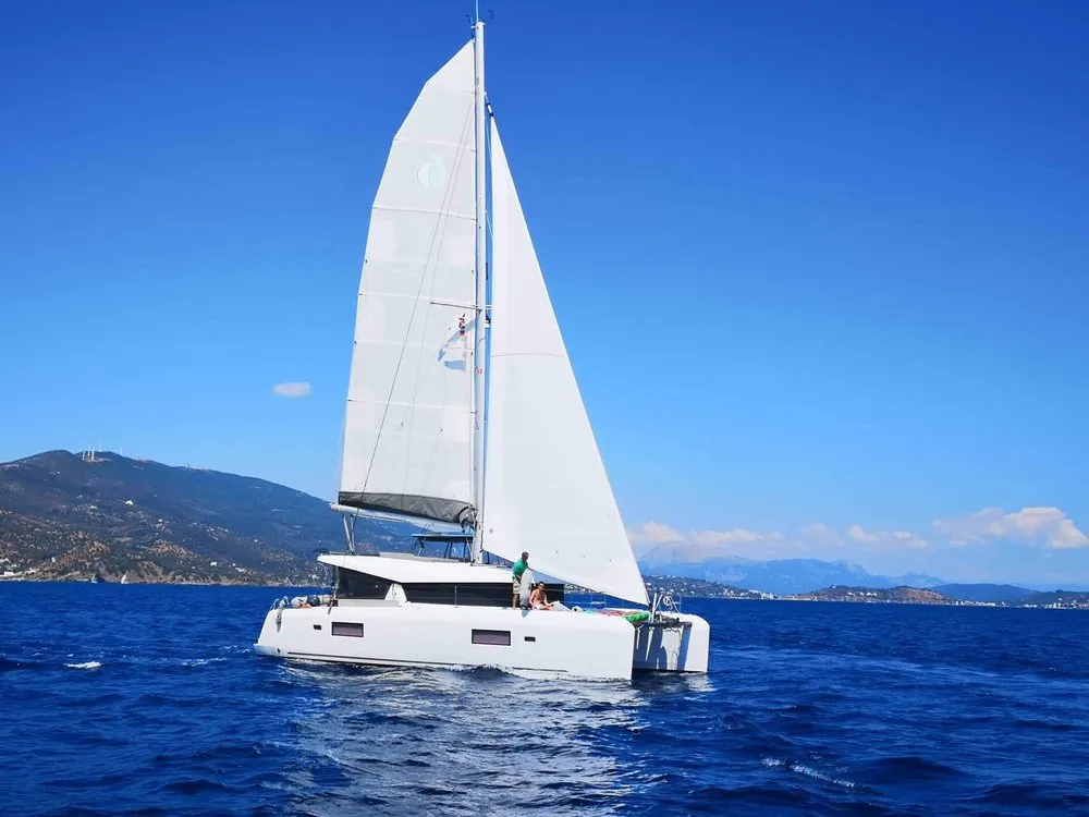 Exterior view of Miss Nastazia, a Lagoon 42 catamaran at Salamina, Greece