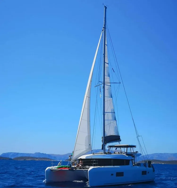 Exterior view of Miss Nastazia, a Lagoon 42 catamaran at Salamina, Greece