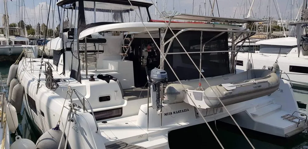 Exterior view of Miss Nastazia, a Lagoon 42 catamaran at Salamina, Greece