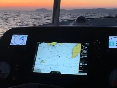 Cockpit of Miss Nastazia, a Lagoon 42 catamaran at Salamina, Greece