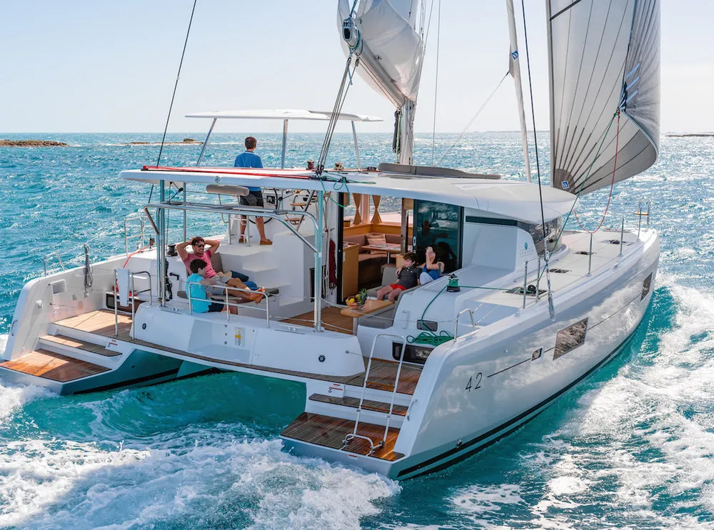 Exterior view of Miss Nastazia, a Lagoon 42 catamaran at Salamina, Greece