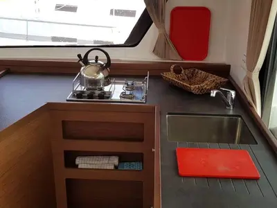 Galley of Miss Nastazia, a Lagoon 42 catamaran at Salamina, Greece