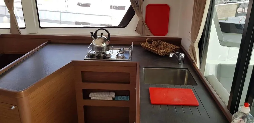 Galley of Miss Nastazia, a Lagoon 42 catamaran at Salamina, Greece