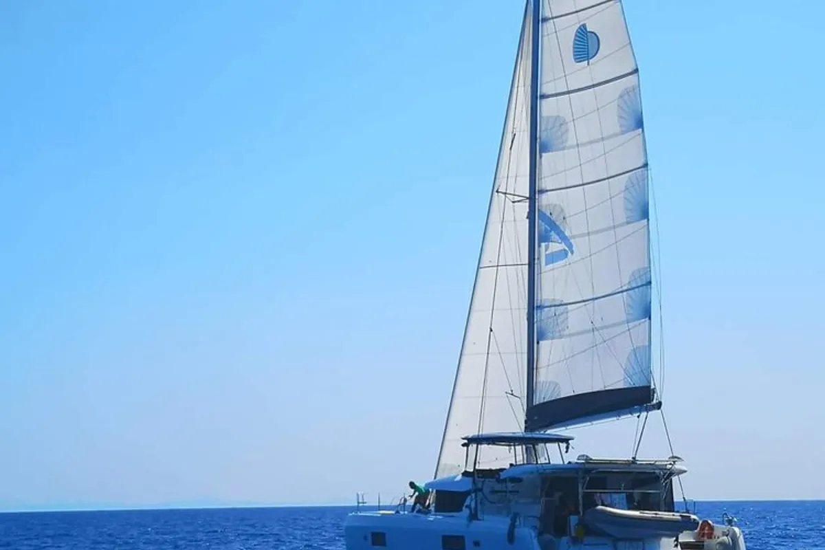 Exterior view of Miss Nastazia, a Lagoon 42 catamaran at Salamina, Greece