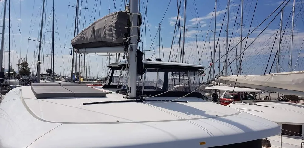 Deck of Miss Nastazia, a Lagoon 42 catamaran at Salamina, Greece