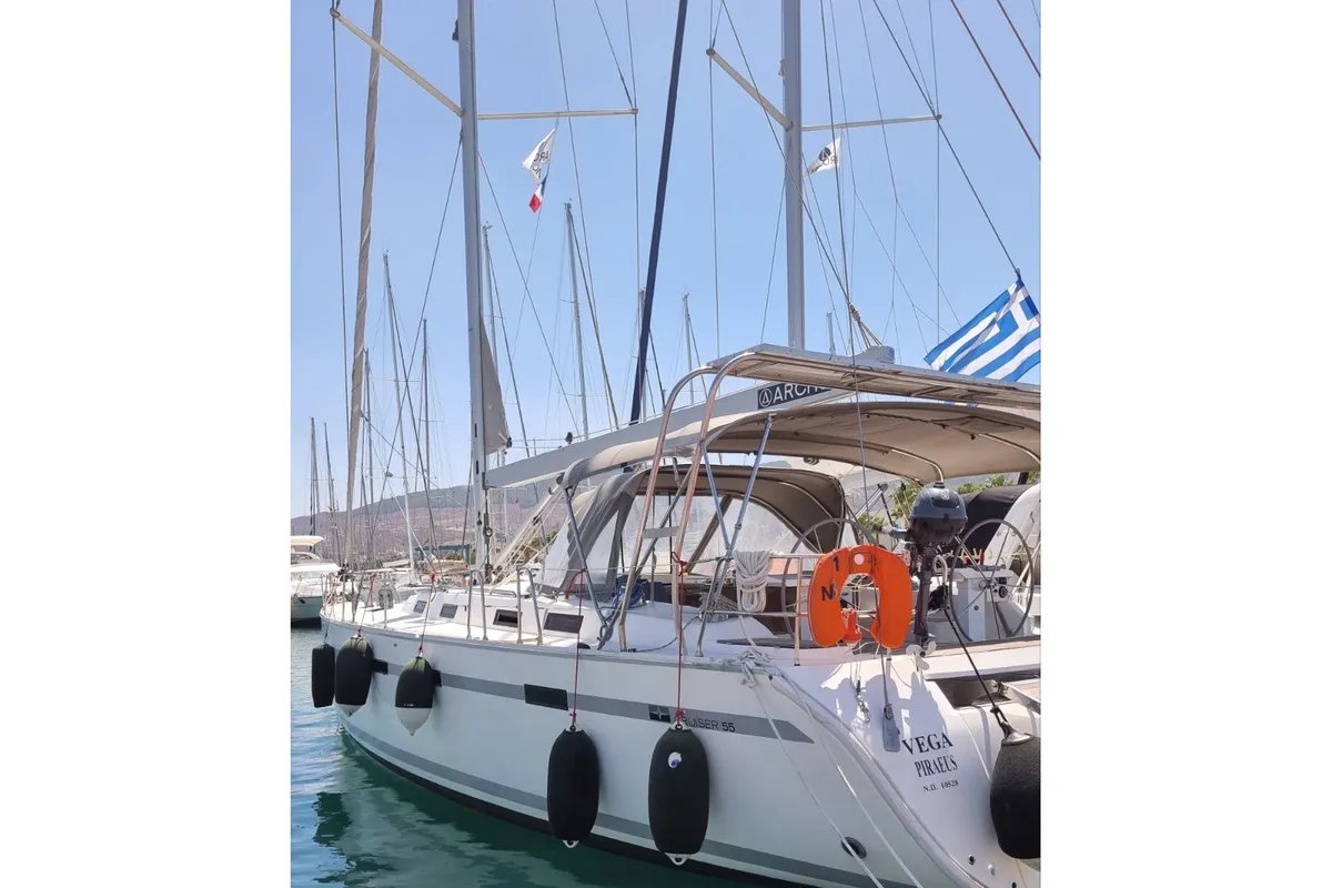 Exterior view of Vega, a Bavaria 55 Cruiser sailboat at Rhodes, Greece