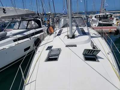Deck of Vega, a Bavaria 55 Cruiser sailboat at Rhodes, Greece