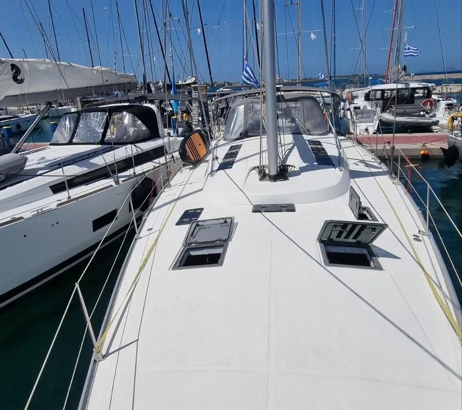 Deck of Vega, a Bavaria 55 Cruiser sailboat at Rhodes, Greece