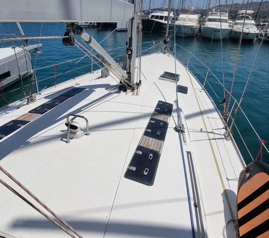 Deck of Vega, a Bavaria 55 Cruiser sailboat at Rhodes, Greece