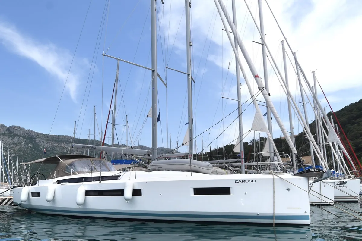 Exterior view of Caruso, a Jeanneau Sun Odyssey 490 sailboat at Dubrovnik, Croatia