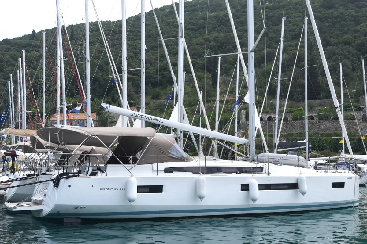 Exterior view of Caruso, a Jeanneau Sun Odyssey 490 sailboat at Dubrovnik, Croatia