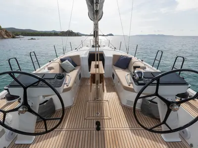 Cockpit of Idefix, a Beneteau First 44 sailboat at Lavrion, Greece