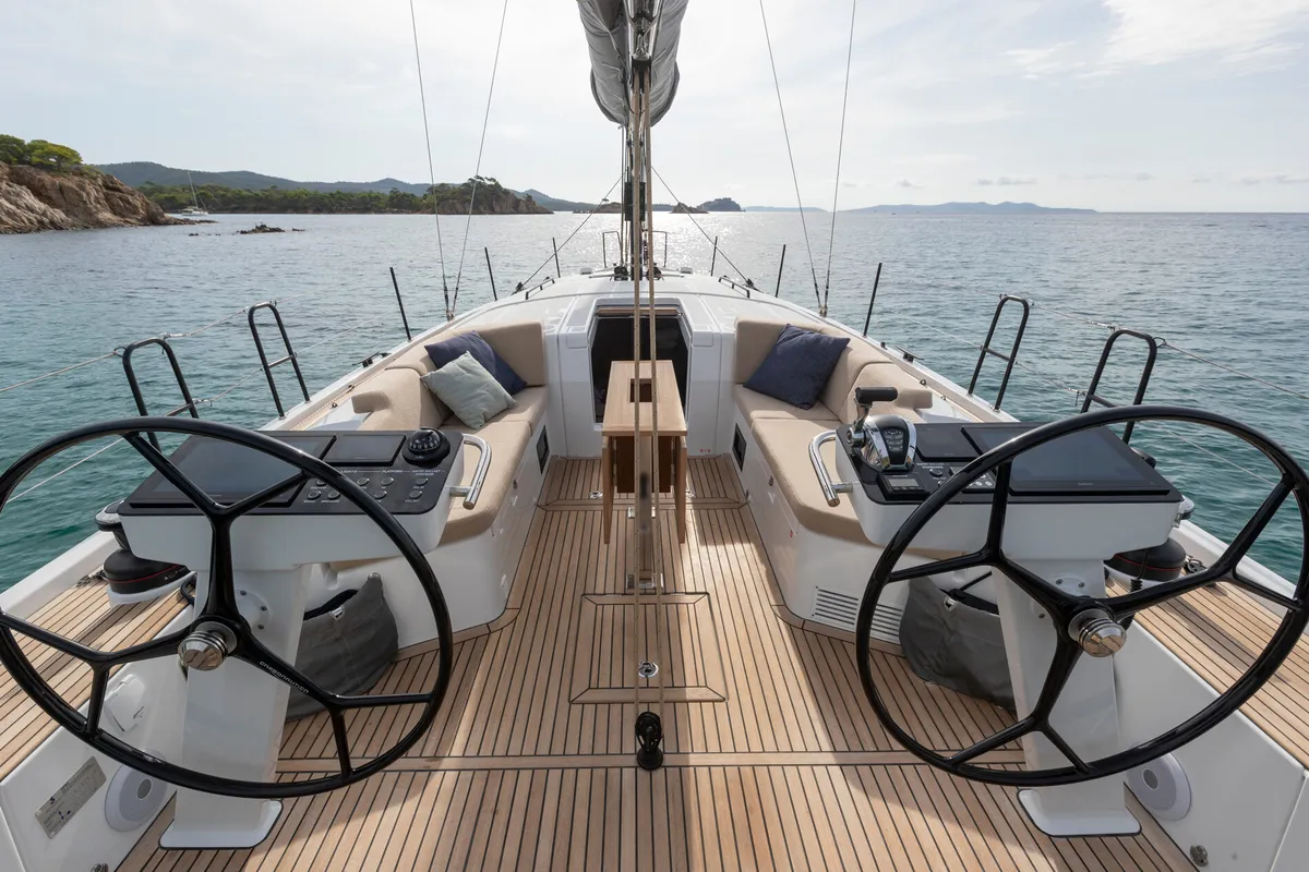 Cockpit of Idefix, a Beneteau First 44 sailboat at Lavrion, Greece