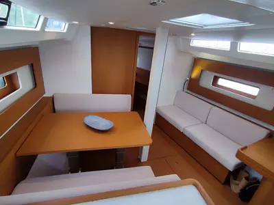 Salon of Idefix, a Beneteau First 44 sailboat at Lavrion, Greece