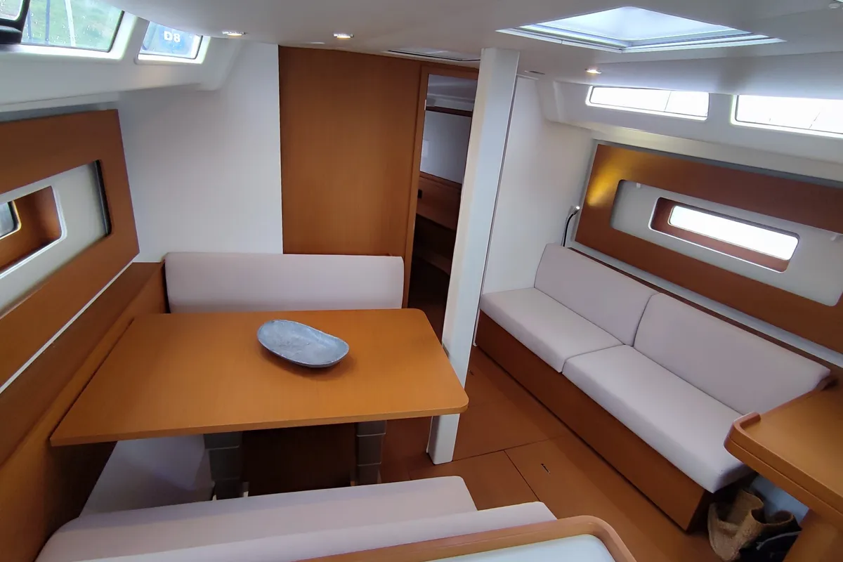 Salon of Idefix, a Beneteau First 44 sailboat at Lavrion, Greece