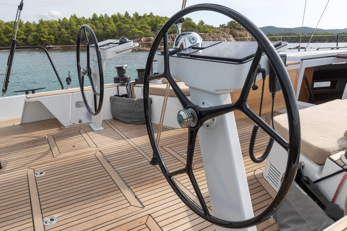 Cockpit of Idefix, a Beneteau First 44 sailboat at Lavrion, Greece