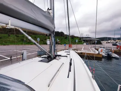 Deck of Idefix, a Beneteau First 44 sailboat at Lavrion, Greece