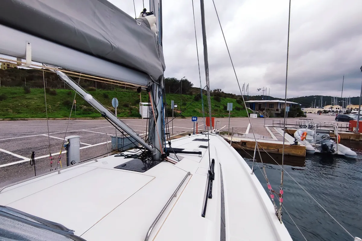 Deck of Idefix, a Beneteau First 44 sailboat at Lavrion, Greece
