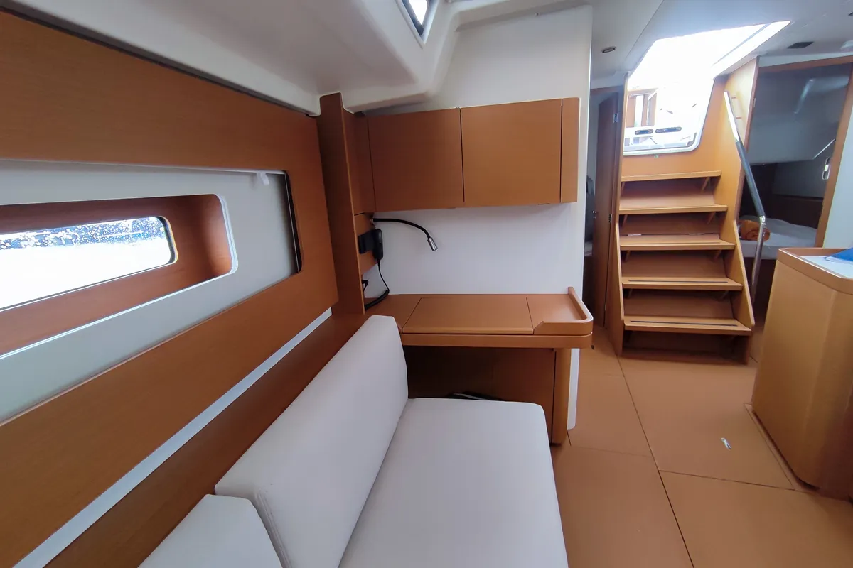 Salon of Idefix, a Beneteau First 44 sailboat at Lavrion, Greece