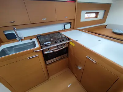 Galley of Idefix, a Beneteau First 44 sailboat at Lavrion, Greece