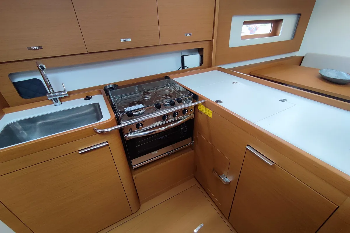 Galley of Idefix, a Beneteau First 44 sailboat at Lavrion, Greece
