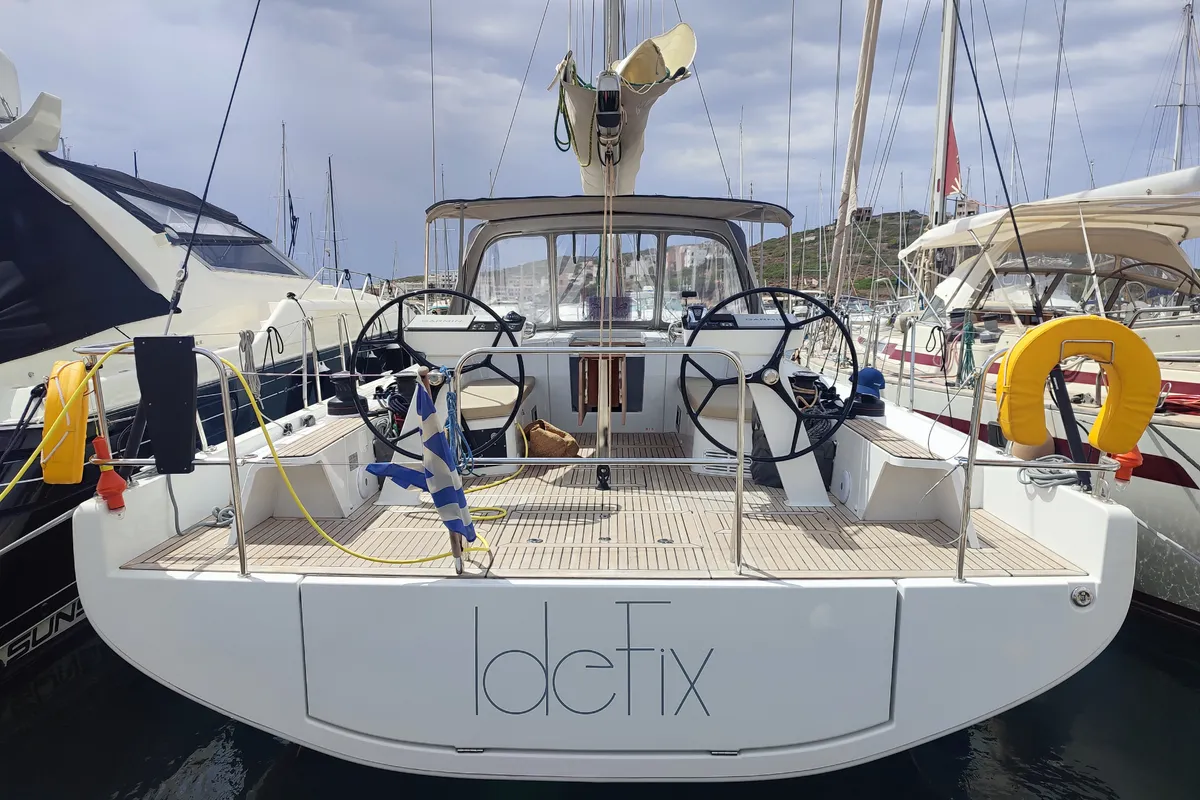Exterior view of Idefix, a Beneteau First 44 sailboat at Lavrion, Greece