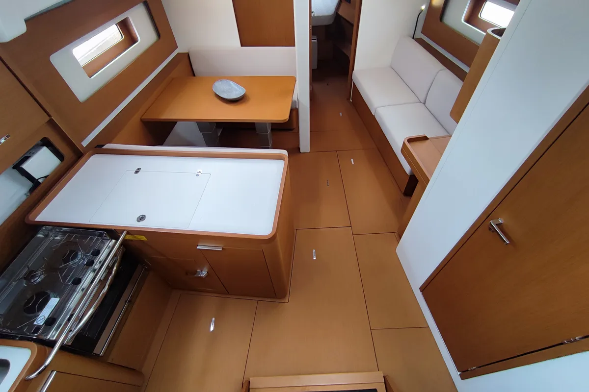 Salon of Idefix, a Beneteau First 44 sailboat at Lavrion, Greece