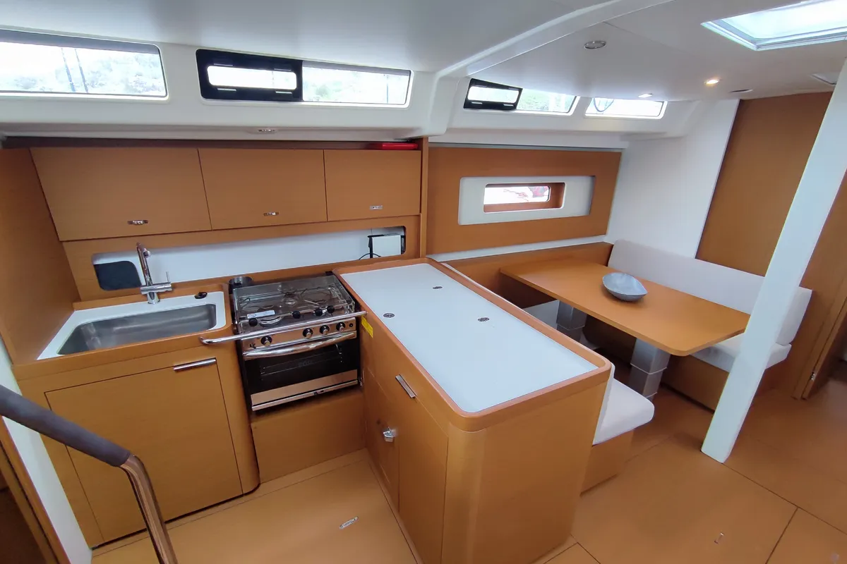 Galley of Idefix, a Beneteau First 44 sailboat at Lavrion, Greece
