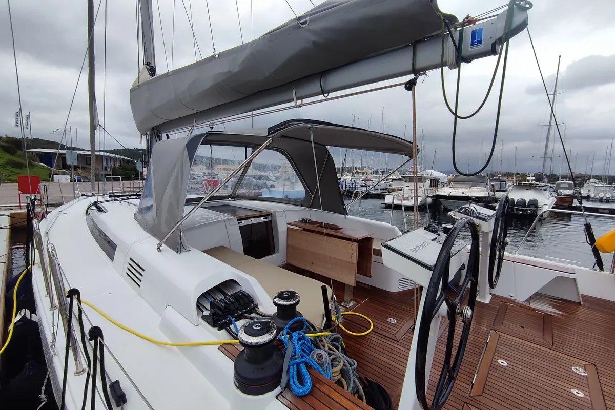 Deck of Idefix, a Beneteau First 44 sailboat at Lavrion, Greece