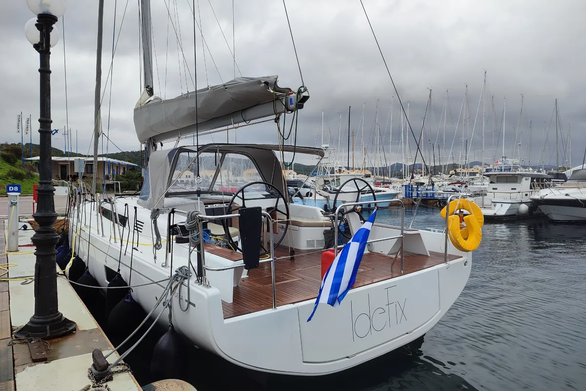 Exterior view of Idefix, a Beneteau First 44 sailboat at Lavrion, Greece