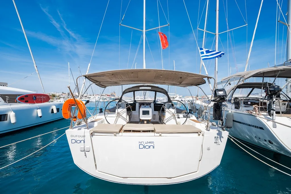 Exterior view of Dioni, a Dufour 460 GL sailboat at Municipal Unit of Rhodes, Greece