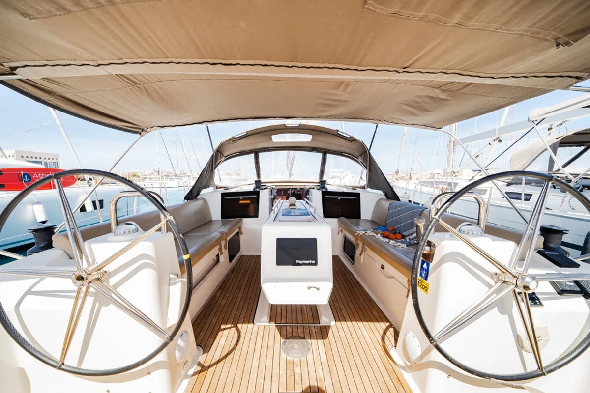 Cockpit of Dioni, a Dufour 460 GL sailboat at Municipal Unit of Rhodes, Greece