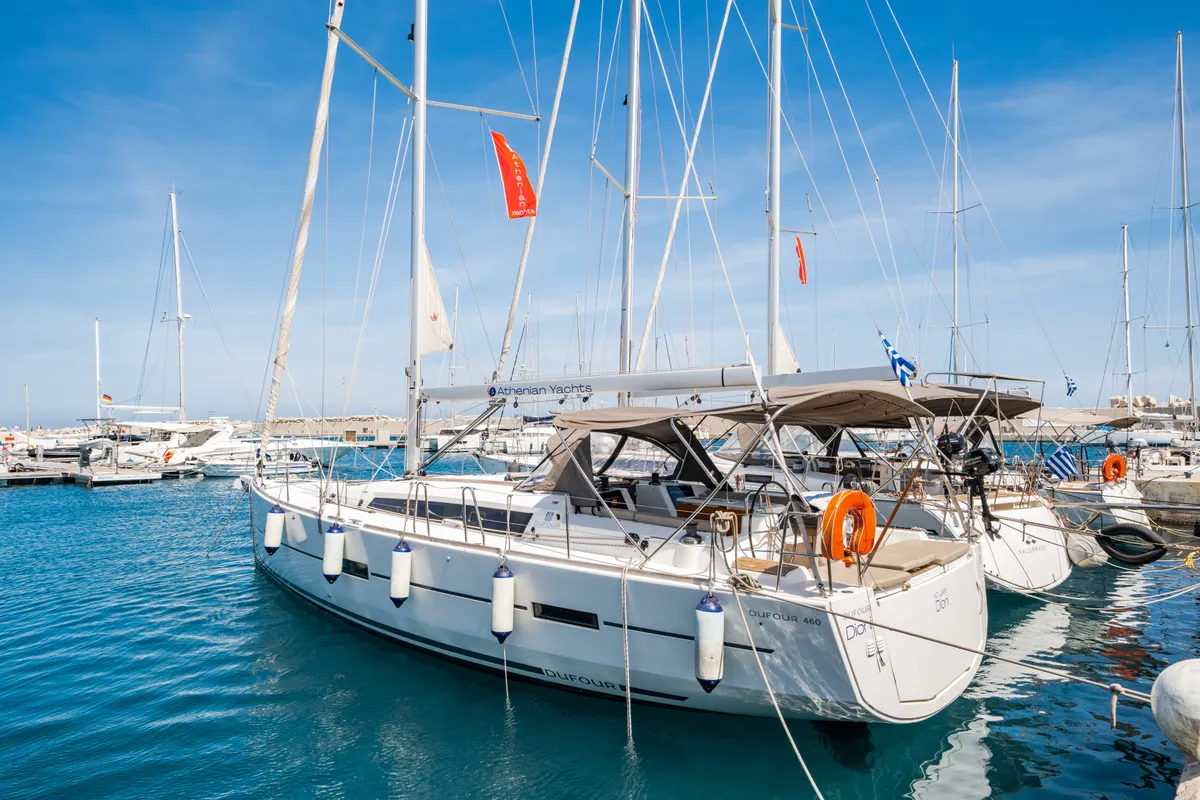 Exterior view of Dioni, a Dufour 460 GL sailboat at Municipal Unit of Rhodes, Greece