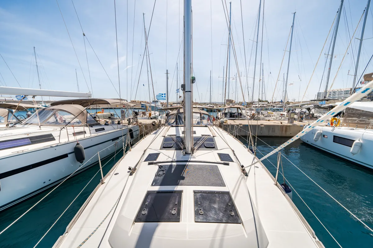 Deck of Dioni, a Dufour 460 GL sailboat at Municipal Unit of Rhodes, Greece