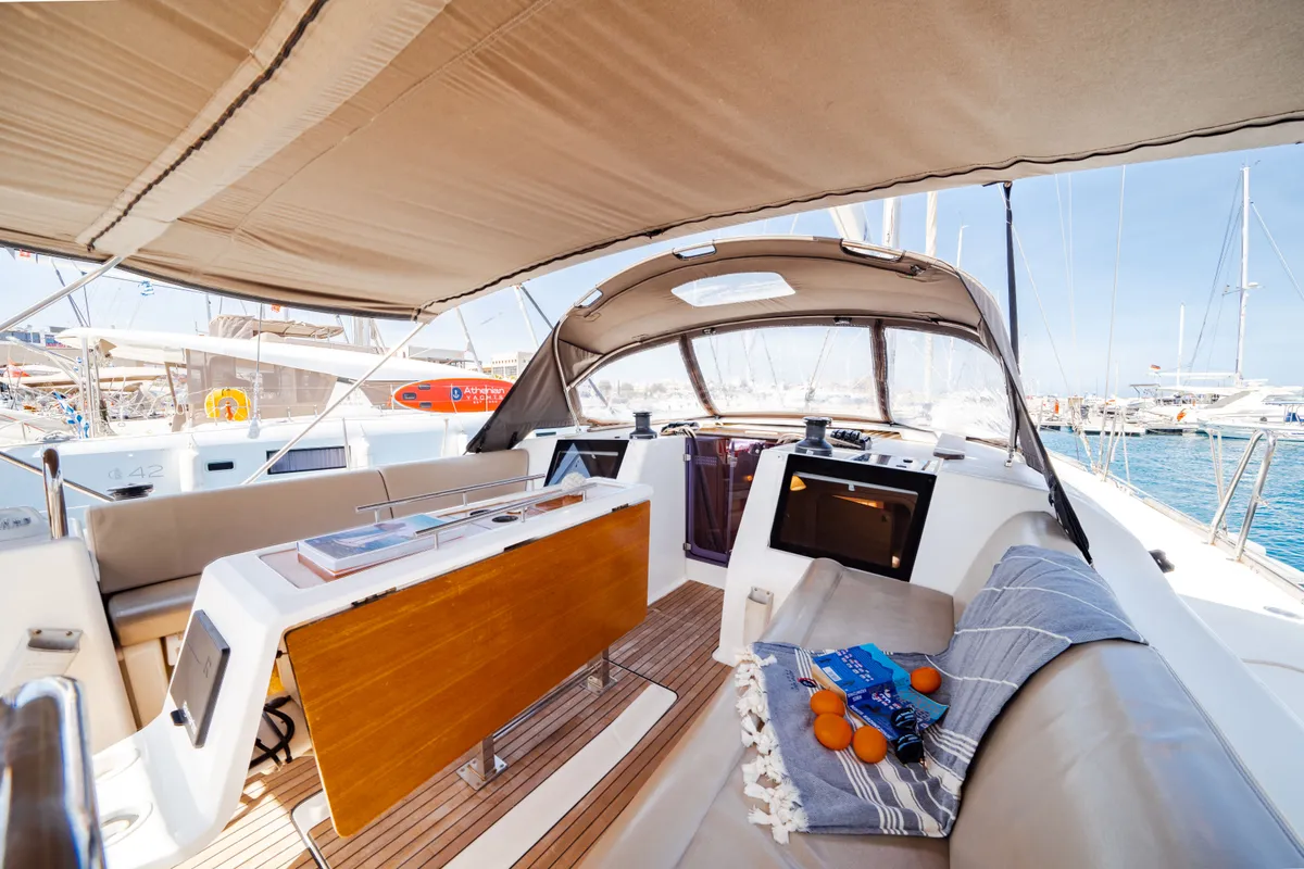 Deck of Dioni, a Dufour 460 GL sailboat at Municipal Unit of Rhodes, Greece