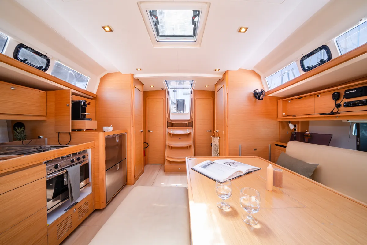 Salon of Dioni, a Dufour 460 GL sailboat at Municipal Unit of Rhodes, Greece