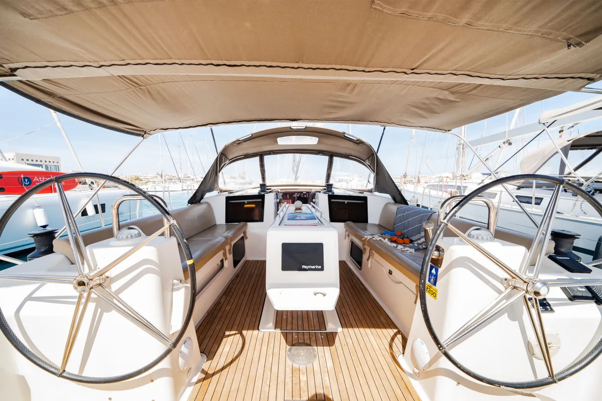 Cockpit of Dioni, a Dufour 460 GL sailboat at Municipal Unit of Rhodes, Greece