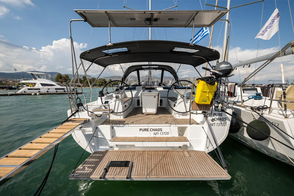 Exterior view of Pure Chaos, a Beneteau Oceanis 40.1 sailboat at Nea Peramos, Greece
