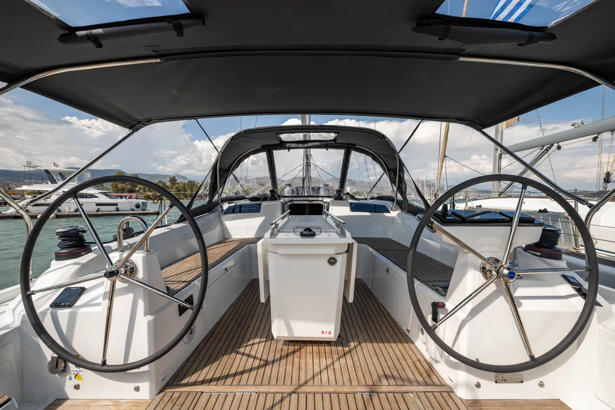 Cockpit of Pure Chaos, a Beneteau Oceanis 40.1 sailboat at Nea Peramos, Greece