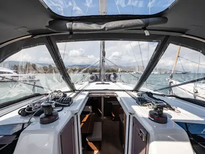 Cockpit of Pure Chaos, a Beneteau Oceanis 40.1 sailboat at Nea Peramos, Greece