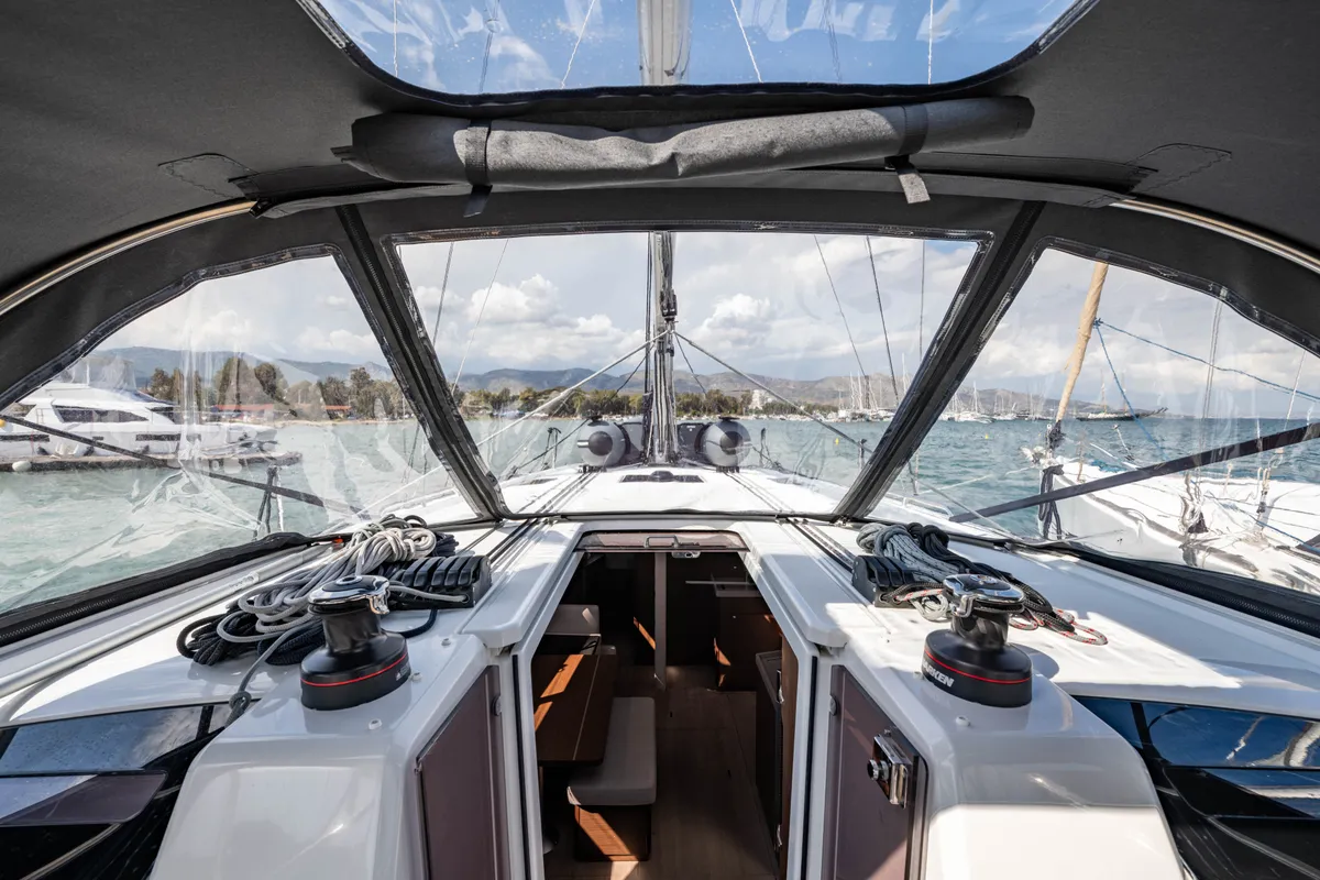 Cockpit of Pure Chaos, a Beneteau Oceanis 40.1 sailboat at Nea Peramos, Greece