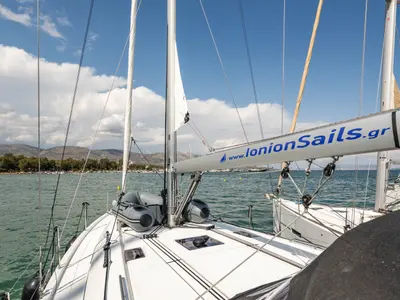 Deck of Pure Chaos, a Beneteau Oceanis 40.1 sailboat at Nea Peramos, Greece