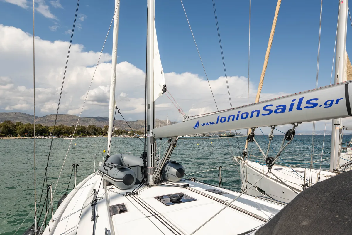 Deck of Pure Chaos, a Beneteau Oceanis 40.1 sailboat at Nea Peramos, Greece