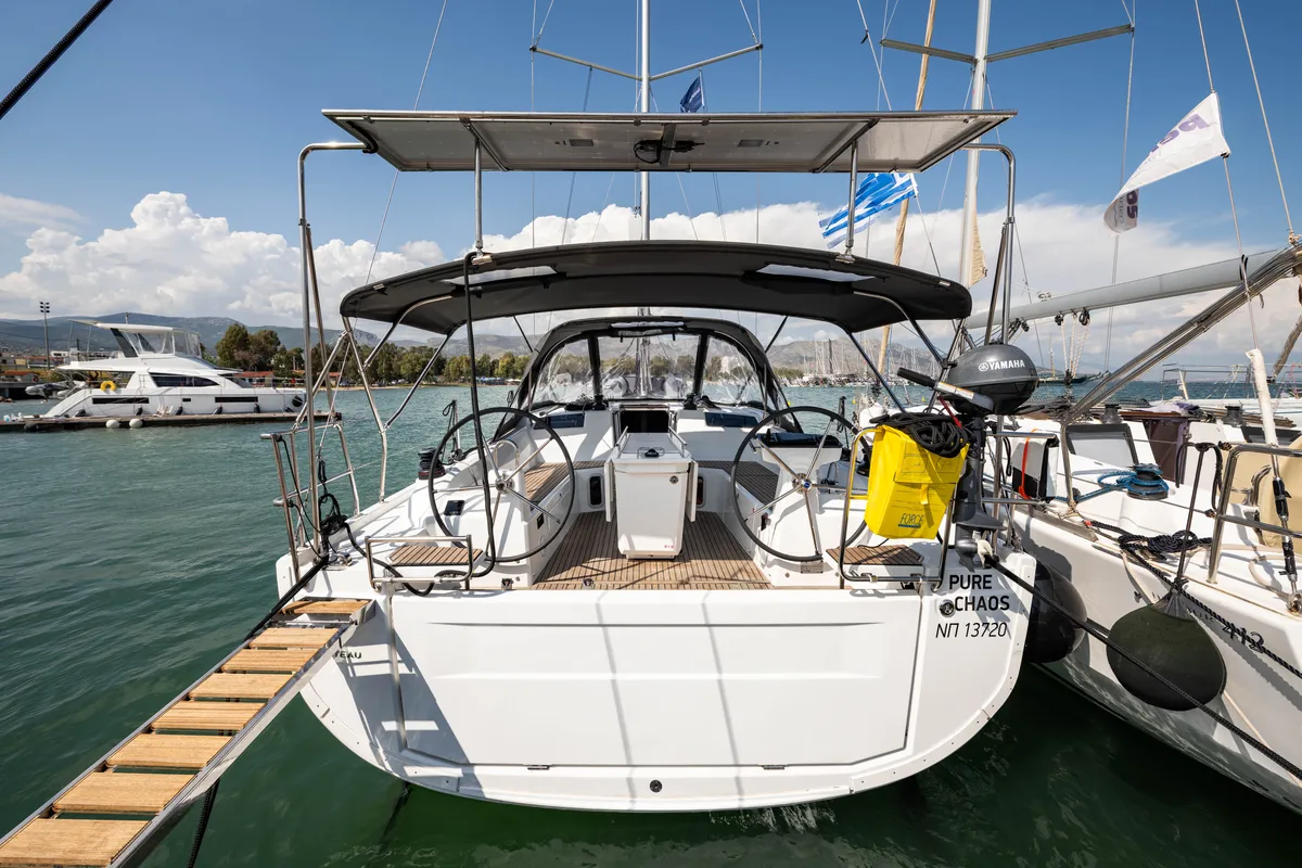 Exterior view of Pure Chaos, a Beneteau Oceanis 40.1 sailboat at Nea Peramos, Greece